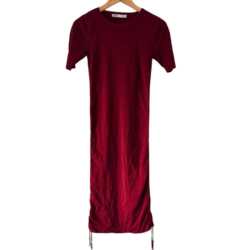 ZARA Ribbed Ruched Side Midi Dress‎ Burgundy Short Sleeve Women Size L